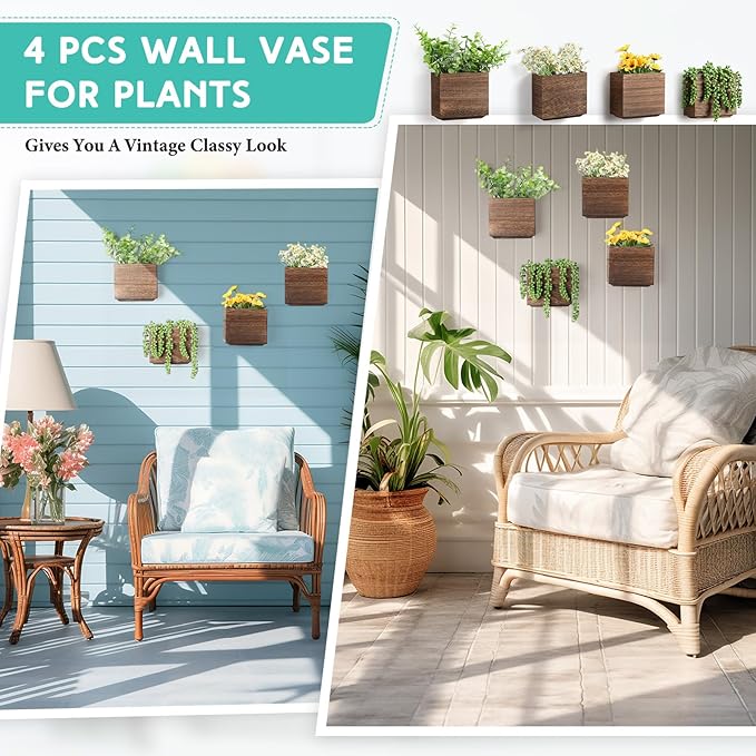 4 Pack Wood Wall Planters Natural Hanging Plant Pots Natural Farmhouse Wall Hanging Decor Vase for Indoor ADried Flowers and Faux Greenery