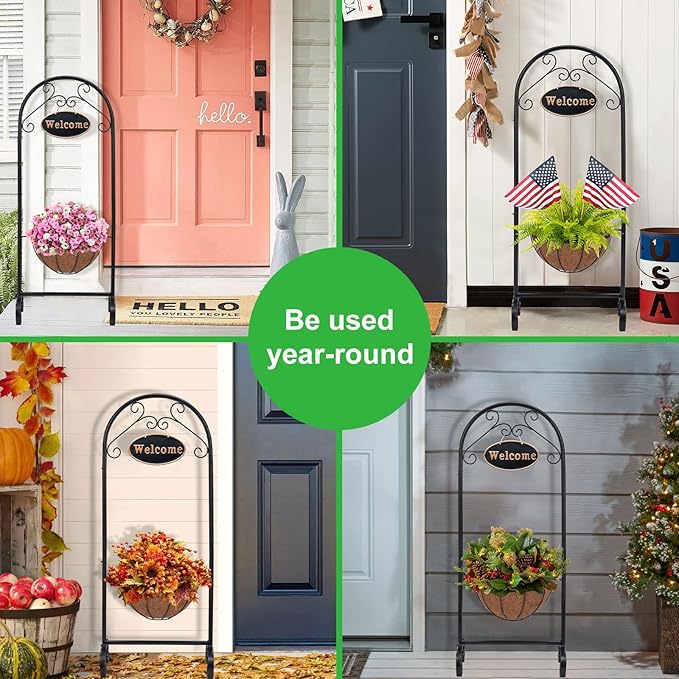 BAYN Metal Welcome Planter Basket Stand with Coco Liner, 39.5” Hanging Planter Stand with Decorative Welcome Sign Outdoor Decor for Garden, Patio, Deck, Entry and Front Porch