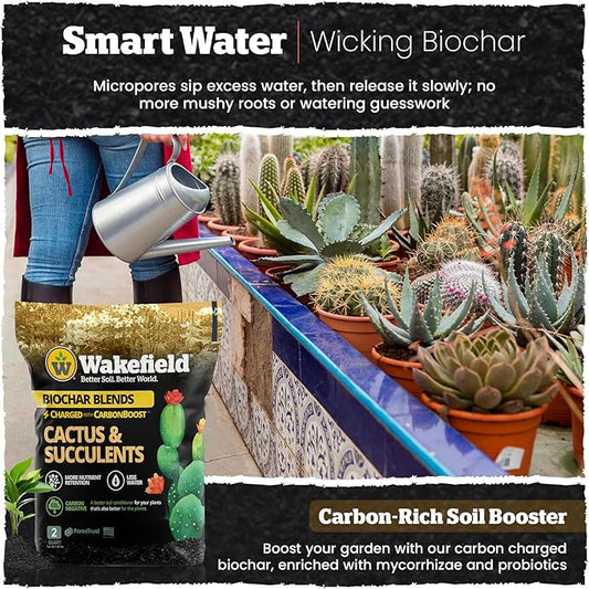 Wakefield Biochar Blend Potting Mix for Cactus & Succulent – Premium Potting Soil Blend with CarbonBoost Technology for Superior Drainage, Moisture Retention & Root Growth – 2 QT Organic Soil Mix