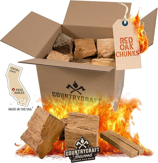Kiln-Dried Red Oak Cooking Wood Chunks – Sustainably Sourced Firewood and BBQ Wood for BBQs, Grills & Smokers – 10 lbs, Made in The USA with 2 Firestarters