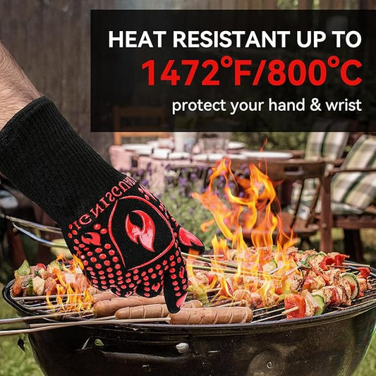 BBQ & Grill Gloves, Oven Gloves, 1472°F Silicone Oven Mitts Heat Resistant Grilling Gloves Fireproof Non-Slip for Barbecue Cooking Baking Smoking, 1-Pair Red(L)