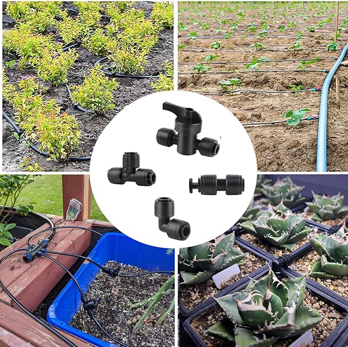 44 Pcs Quick Connect Drip Irrigation Fittings Kit for 1/4" Tubing with 4 Shut Off Valve ,10 Tees, 10 Couplings, 10 Elbows & 10 End Plugs, Anti-Leak Drip Irrigation Parts