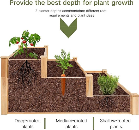 3-Tier Raised Garden Bed with Fabric Liner, Wood Elevated Planter Box with Dovetail Joint Design, 3 Dividable Bed Kit for Vegetables/Herbs/Flowers, Outdoor Gardening for Patio, Lawn, Balcony