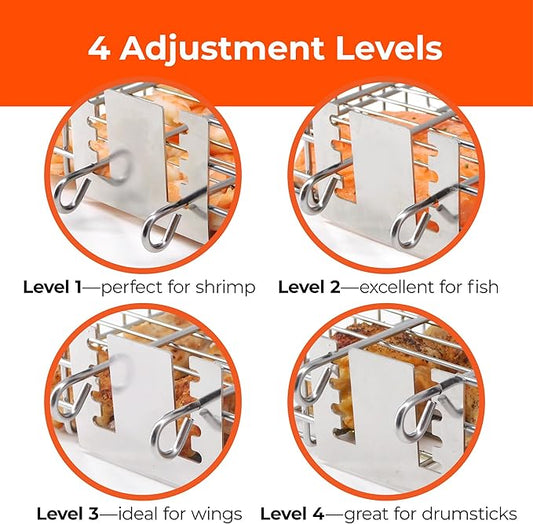 Adjustable Grill Basket w/Removable Handle - 4 Levels of adjustment for endless cooking options - Accessories include basting brush, scrub sponge, & storage bag