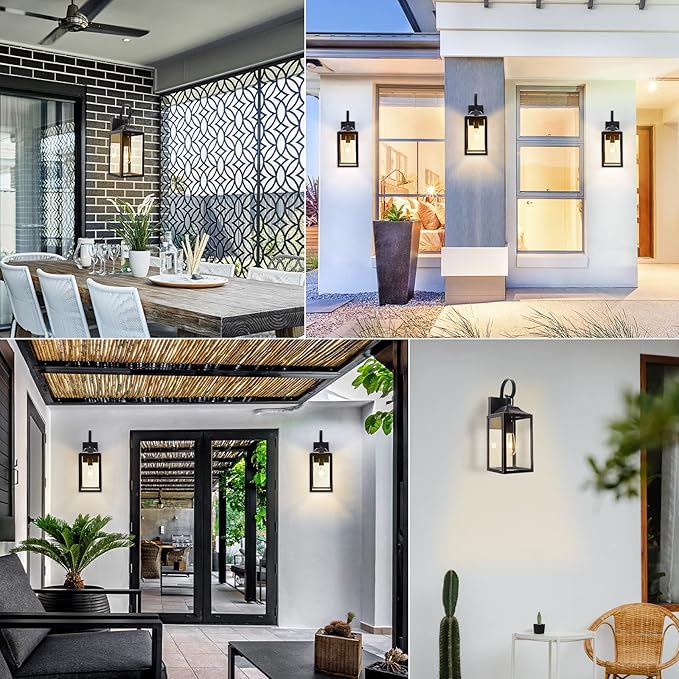 19" Large Outdoor Wall Light, Black Outside Light for House Outdoor Sconce Wall Lighting Fixture, Farmhouse Exterior Wall Mount Lantern for Porch, Waterproof Glass Patio Lamp, Black with Gold Trim