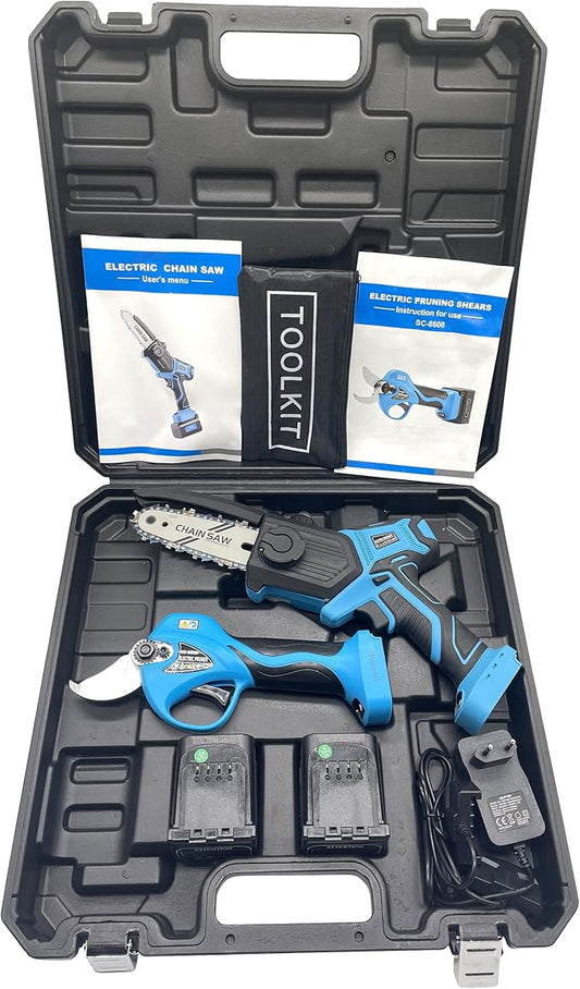 SUCA Electric Pruning Shears Pruning Shears Pruning Shears Tree Pruner Branch Cutter Pruners for Gardening with 2pcs 2Ah Lithium Battery 4-7 Working Hours Tree Branch Pruner (blue28mm+chainsaw)