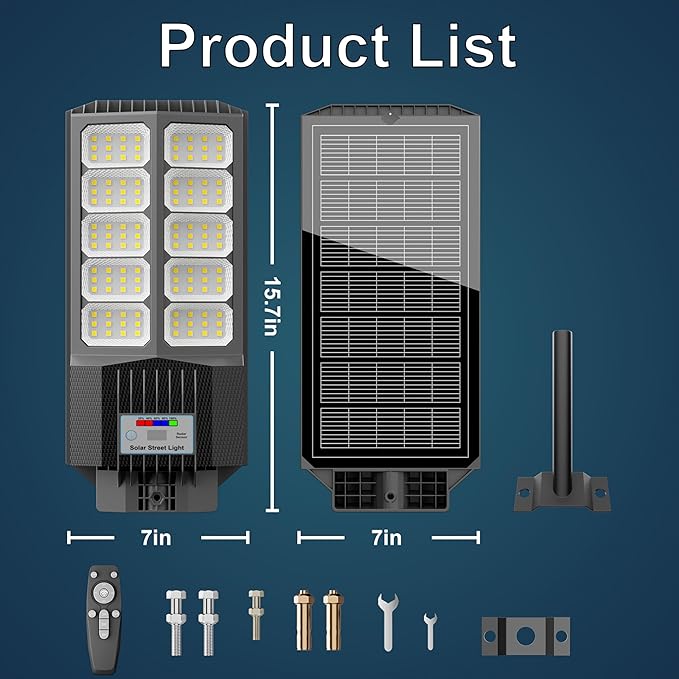 Solar Street Light, Dusk-to-Dawn Waterproof LED Solar Street Lights Outdoor with Pole Mount,9000W IP67,7000K, High Lumen Outdoor Lighting for Driveway, Farm, Street & Parking