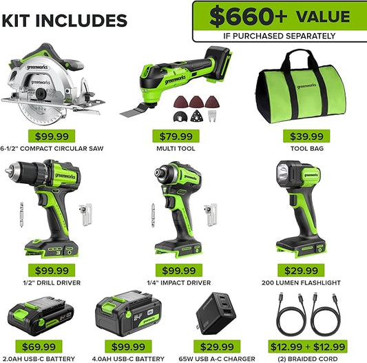 GREENWORKS 24V (5-TOOL) Combo (Drill + Impact Driver + Circular Saw + Multi-Tool + Flashlight), 4.0Ah + 2.0Ah (24,000mAh Power Bank) Batteries, (2) Cables, 65W Rapid Charger