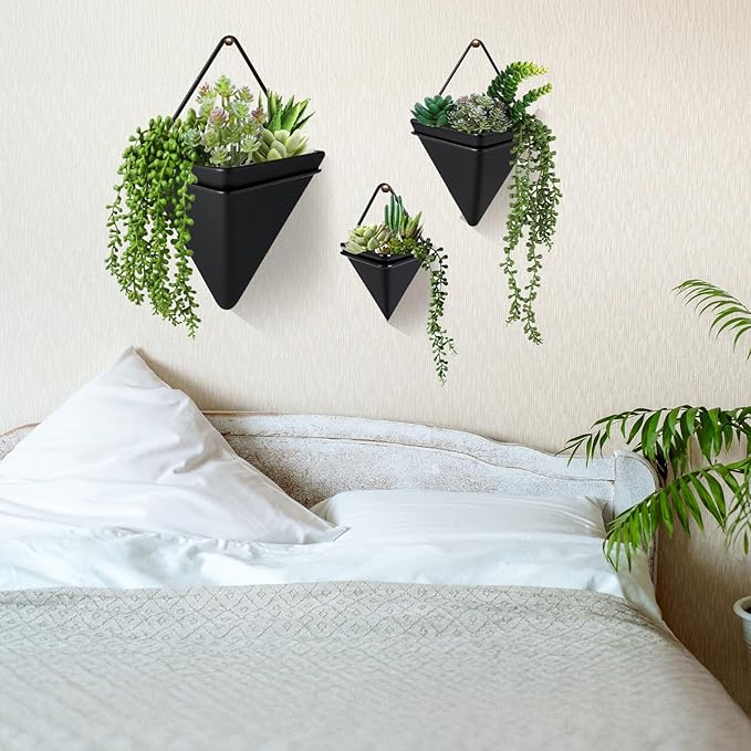 Rtteri 15 Pcs Hanging Artificial Succulents Plants for Indoor Fake Wall Planter with Faux Plants Geometric Vase Pot (8.2/5.9/4 Inch Size) Ceramic Holder and Mini Fake Succulent(Succulents,Black)