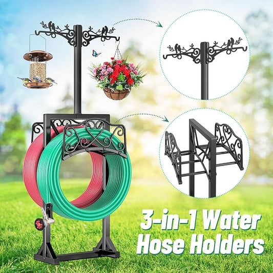 Garden Hose Holder for Outside,Water Hose Holders with 2 Bird Statue Shepherds Hooks & 5 Spikes,Double-Sided Freestanding Hose Stand Heavy Duty Hose Storage Rack for Outdoor Yard Lawn Farm