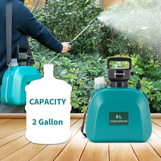 Electric Garden Sprayer, 2Gallon 8L Large Capacity Automatic Spray Bottle,Powerful Continuous Water Spraying, with 3 Rotatable Mist Nozzles and Adjustable Shoulder Strap for Lawn Yard