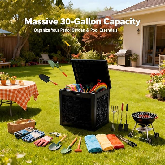 Storage Chest, 30 Gallon Deck Box for Garage Organization, Indoor Home Storage & Holiday Decor, Lockable Waterproof Resin Box for Patio Cushions, Garden Tools