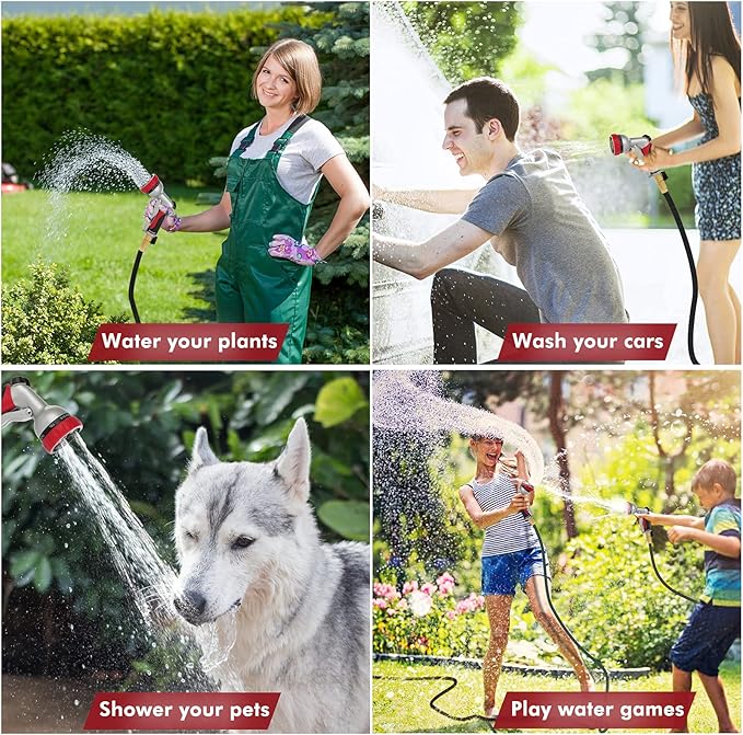 RESTMO Garden Hose Nozzle, Heavy Duty Metal Water Hose Nozzle with 7 Adjustable Spray Patterns, High Pressure Hand Sprayer with Flow Control, Best for Watering Plants & Lawns, Washing Cars & Pets, Red