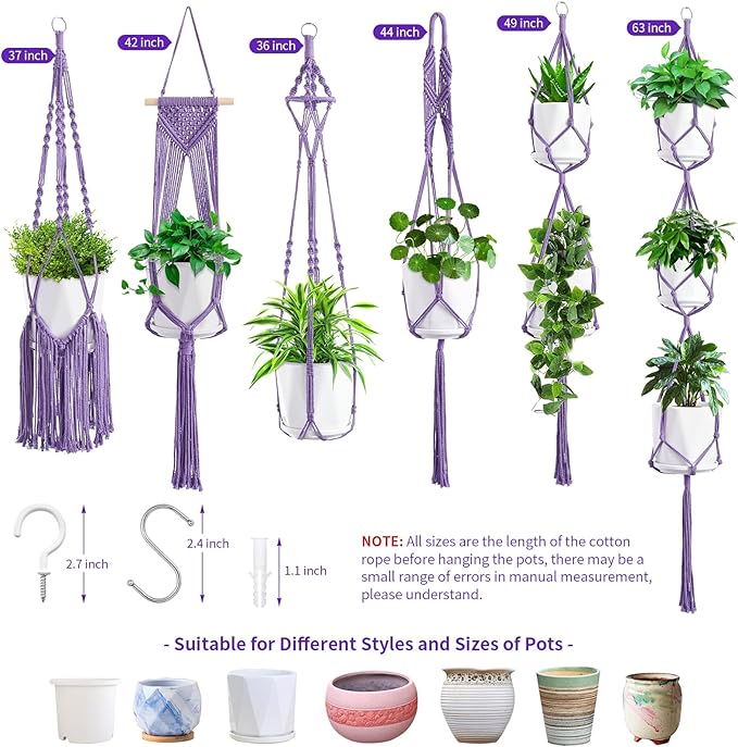 Macrame Plant Hangers, 6Pack Hanging Planters for Indoor Plants w/ 6 Set Hangers Kit Handmade Macromay Plant Hangers Indoor Flower Pots Holder Stand for Boho Home Décor (POTS NOT Included)