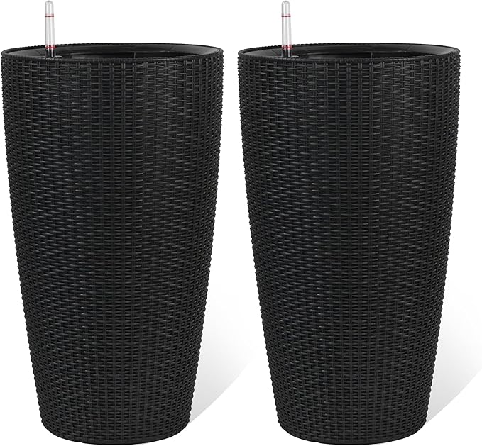 22" Tall Planter Set of 2, Large Self Watering Pots for Indoor/Outdoor Plants with Drain Holes, Water Level Monitor, Inner Bucket for Front Porch Patio, Black Rattan Conical