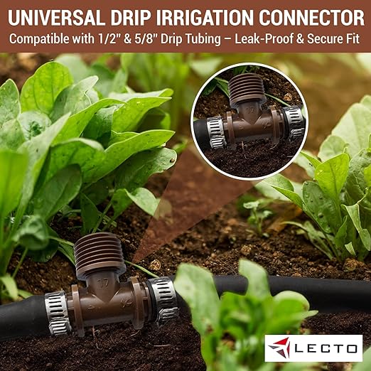 LECTO 1/2" MPT Drip Irrigation Tee Adapter – Fits 1/2" & 5/8" Drip Tubing, Barbed Tee Connector with Stainless Steel Clamps, UV-Resistant (3 Pack)