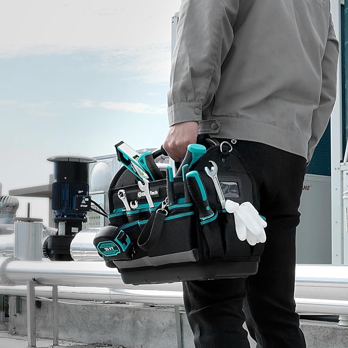 DURATECH 12 Inch Tool Tote with Waterproof Hard Bottom, Electrician Tool Bag with Rotating Handle, Open Top Tool Bag Wide Mouth Multi-Pockets, Tool Carrier for Mechanic Plumber Electrician HVAC