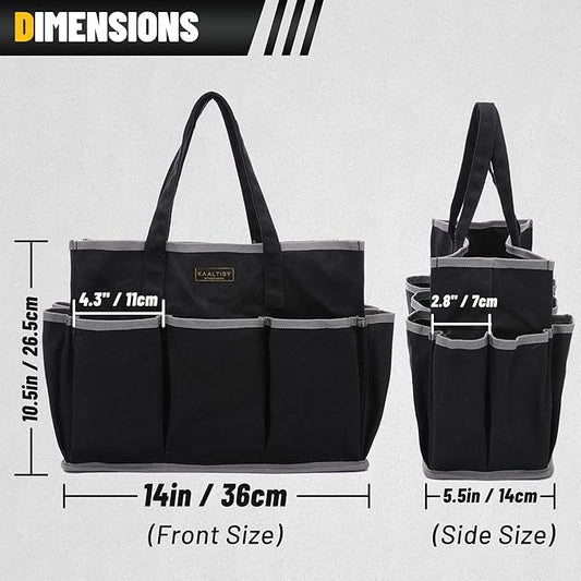 Canvas Tool Tote Bag, Heavy Duty 16oz Waxed Canvas Tool Storage Pouch with 1 Large Compartment & 10 Small Pockets | Multi-Purpose Garden Tool Bag for Horticulturists Mechanics Craftsmen – Black