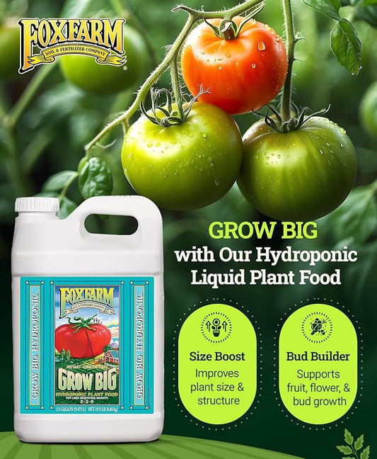 FoxFarm Grow Big Hydro Liquid Fertilizer, Plant Food with Micro Nutrients for Hydroponic Systems - Enhances Vegetative Growth, Flowering, and Fruiting - pH Adjustable, NPK 3-2-6 (2.5 Gallons)
