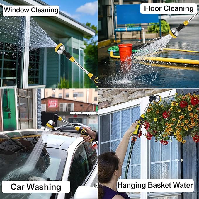 17.5" Gardening Watering Wand | 8 Spray Patterns & Thumb-Controlled Switch | 180° Rotating Long Nozzle| for Plants, Hanging Baskets and Shrubs, Pet Bathing, Wall Washing (yellow)