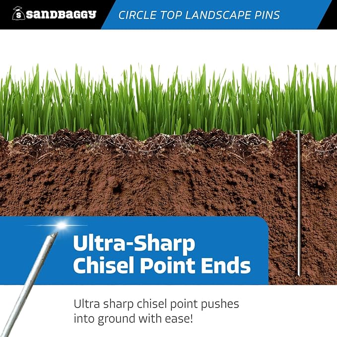 Sandbaggy 12-inch Circle Top Pins - Landscape Staples (Galvanized) - Garden Stakes for Landscaping, SOD - Heavy Duty Ground Stakes, Lawn Turf Spikes, Christmas Decorations, Weed Mats (900 Pins)