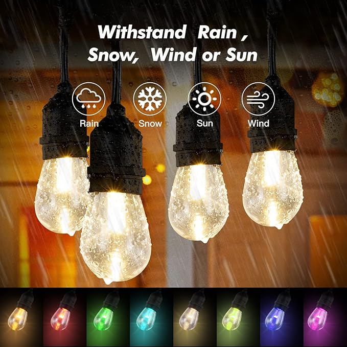 96FT Outdoor String Lights, 30 Shatterproof Edison LED Bulbs, Dimmable RGB Color Changing Patio Lights Waterproof with Remote. for Patio Decor, Garden, Yard,Commercial Use.
