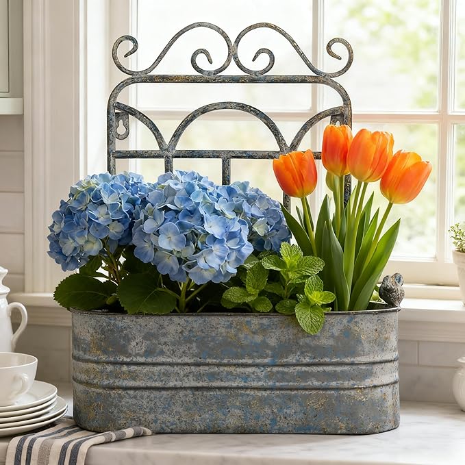 Rustic Metal Wall Planter Country Garden Wall Hanging Mount Vase Pocket Outdoor Vintage Hanging Pot Farmhouse Wall Decor for Plants Flowers (Blue)