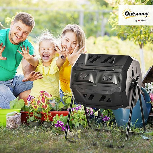 Outsunny Tumbling Compost Bin Outdoor 360° Dual Chamber Rotating Composter 43 Gallon, Black