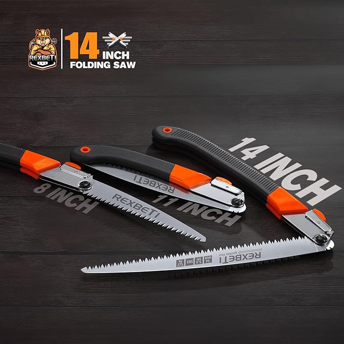 REXBETI Folding Saw, Extra Long 14 Inch Blade Backpacking Saws for Hiking Camping, Dry Wood Trimming Pruning Saw With 4 Cutting Angle Hard Teeth, Large Garden Saws with SK-5 Steel