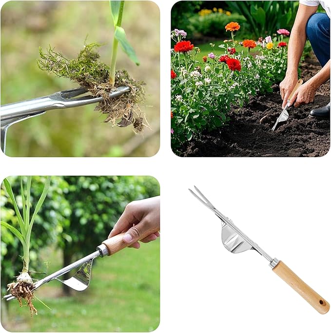 Garden Weeding Tool, V-Shaped Stainless Steel Weed Puller with Ergonomic Wood Handle, Heavy Duty Manual Hand Weeder Fork for Lawn, Farmland & Patio, Deep Root Removal Tool