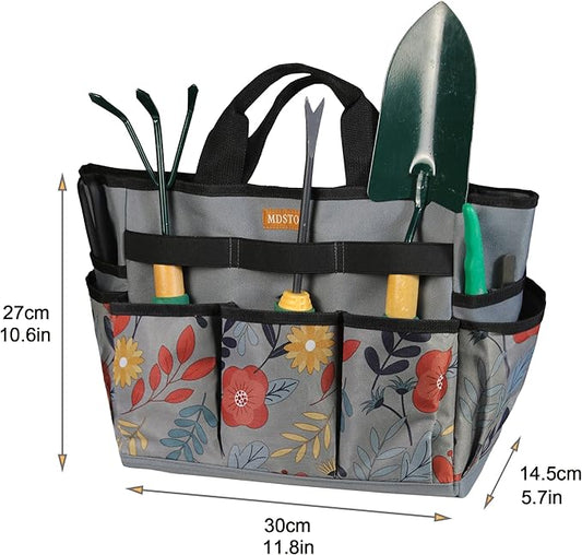 MDSTOP Garden Tool Bag, Garden Tool Kit Holder Home Organizer Storage Carrier, Oxford Garden Hand Tool Storage Tote Organizer with Handle and 8 Roomy Pockets, Floral Gardening Gift, Tools Not Included