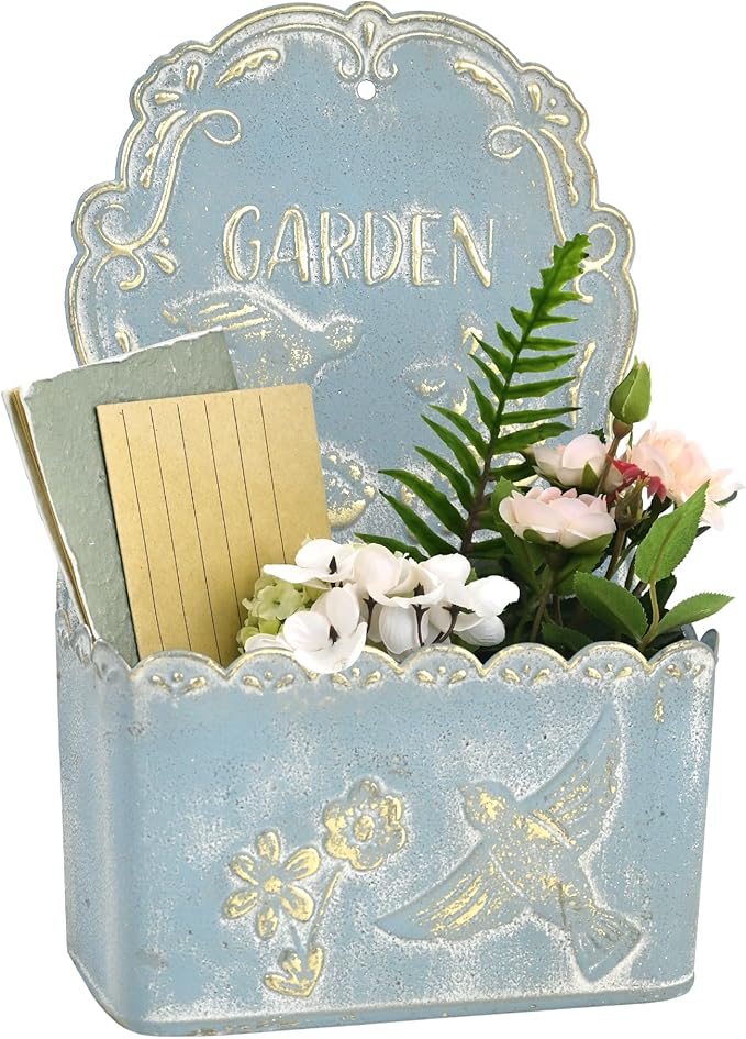 BIG FORTUNE Metal Wall Mount Planter Wall Vases for Flowers Shabby Chic Decor for Rustic Farmhouse Outdoor Decor (Blue)