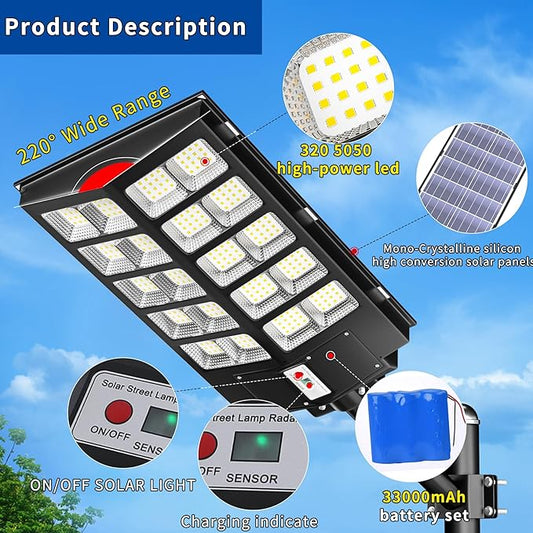 Ofuray Of-6000W Solar Street Lights Outdoor,400000Lm Solar Streets Light Parking Lot Lights Commercial Dusk to Dawn, 6500k Waterproof Led with Remote Control Motion for Street,Court,Barn