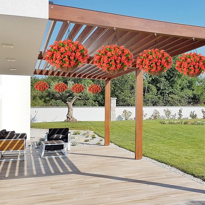 Artificial Fall Hanging Flower Plants with Basket for Summer Autumn Outdoor Decoration, Faux Petunias Flowers Fake Morning Glories Planter for Outside Patio Garden Porch Balcony Yard Decor(Orange)