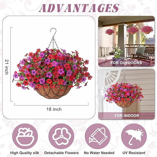 Artificial Silk Flowers Hanging Baskets Outdoors Indoors, Daisy with Eucalyptus Leaves Arrangement for Garden Yard Spring Summer Decor Faux Green Plant Metal Coconut Lining (Red Purple Red Brown)