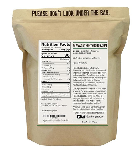 Anthony's Organic Fennel Seeds, 1.5 lb, Whole Seeds, Non-Irradiated, Gluten-Free, Non-GMO