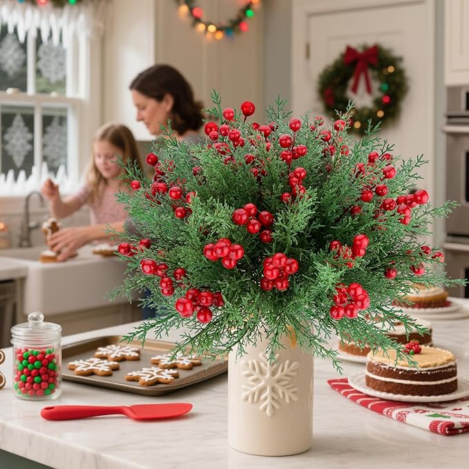 4 Bundles 140 Pcs Artificial Christmas Flowers with Red Berry Stems, Fake Norfolk Pine Garland Branches for Winter Decor, Faux Christmas Garland Tree Picks and DIY Crafts (Pine Foliage)