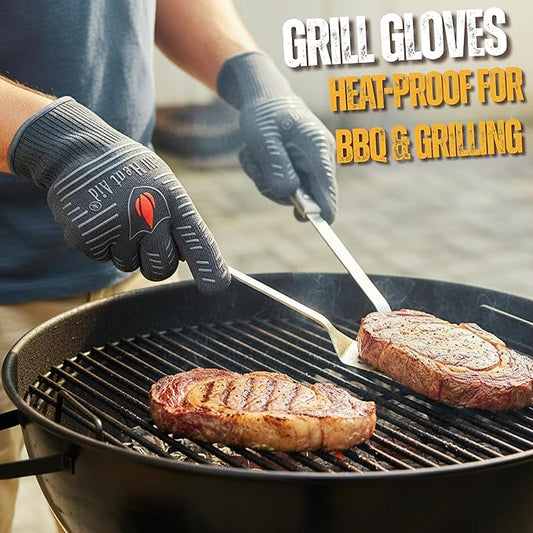GRILL HEAT AID BBQ Grill Gloves Heat Proof for Grilling – Fireproof 1472°F Heat-Resistant Grill Mitts for Outdoor Barbecue and Smoker, Campfire, Fire Pit, Oven Glove with Fingers for Baking Pizza
