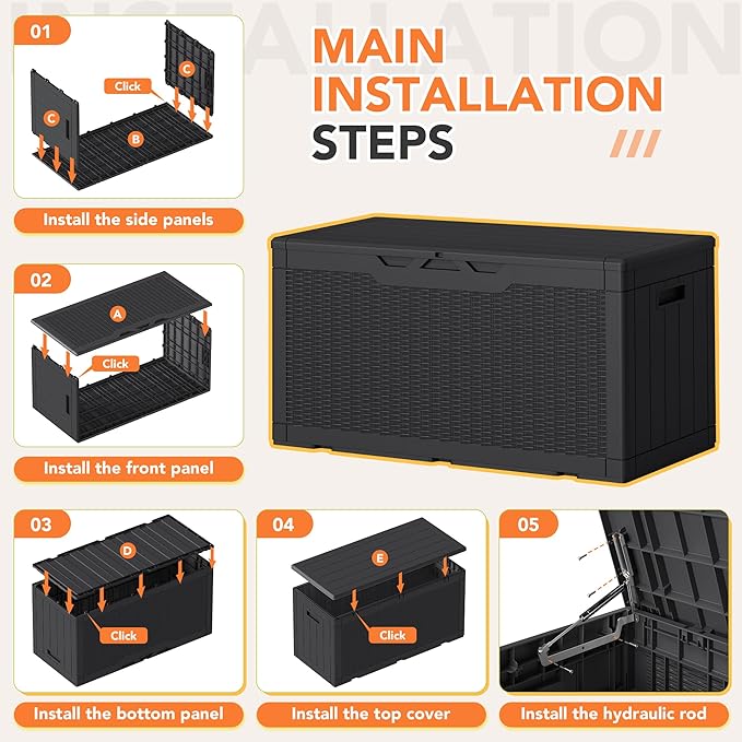 105 Gallon Deck Box Outdoor Indoor Waterproof Storage Box for Patio Furniture, Pool Accessories, Garden Tools, and Cushion Storage, Black