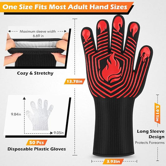 BBQ Gloves, 1472°F Heat Resistant Gloves Fireproof Mitts,Grilling Gloves Silicone Non-Slip Washable Oven Gloves, Kitchen Gloves for Barbecue, Grilling, Cooking, Baking, Camping, Smoker (Red)