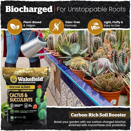 Wakefield Biochar Blend Potting Mix for Cactus & Succulent – Premium Potting Soil Blend with CarbonBoost Technology for Superior Drainage, Moisture Retention & Root Growth – 4 QT Organic Soil Mix