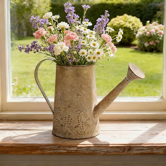 Vintage Distressed Gold Flower & Garden Watering Can, Decorative Metal Watering Pot Planter for Home Patio Backyard Outdoor Plant Care, Rustic Farmhouse Home Decor Accent