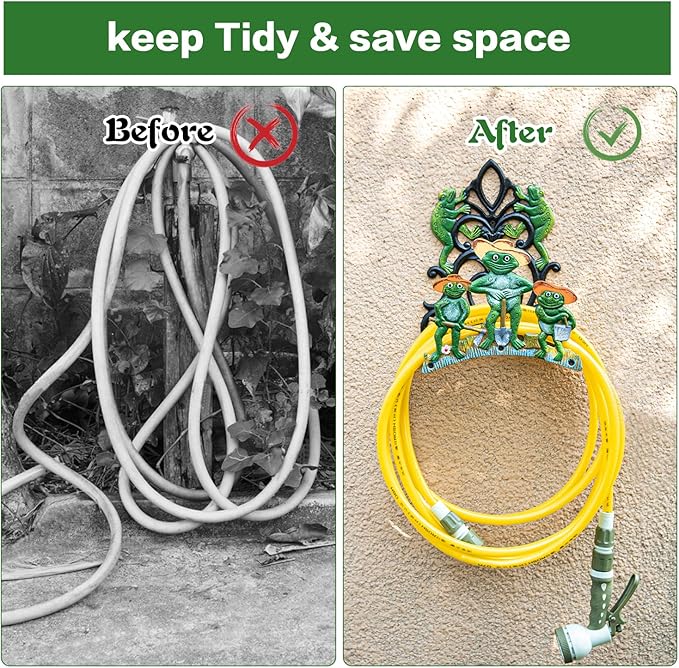 Sungmor Garden Hose Holder Wall Mounted, Large Capacity & Heavy Duty Cast Iron Water Hose Holder for Outside, Pretty & Lovely Hard-working Frogs Hose Reel, Watering Hose Metal Stand Sturdy Pipe Hanger