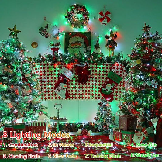 YEGUO 66ft 200 LED Christmas Lights Outdoor Waterproof, 8 Modes Red White and Green String Lights Plug in, Green Wire Twinkle Tree Lights Indoor with Timer Memory