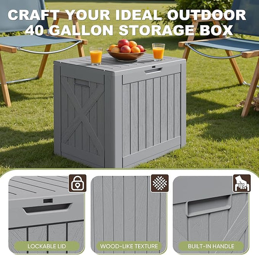 Greesum 40 Gallon Outdoor Deck Box, Resin Storage for Patio Furniture, Garden Tools, Pool Supplies, Weatherproof and UV Resistant, Lockable, Gray