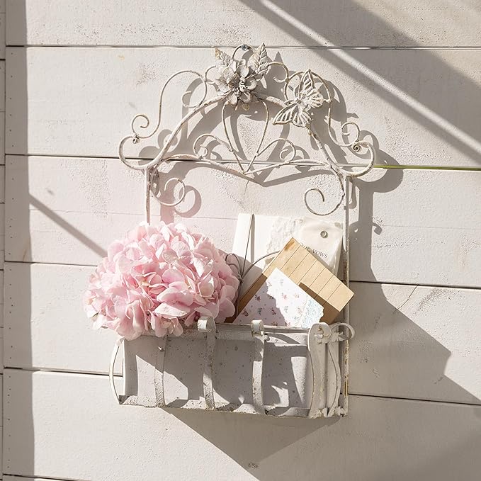 Rustic Metal Wall Planter Vintage Wall Mounted Flower Pot Farmhouse Distressed Wall Hanging Plant Basket with Floral & Butterfly Decor for Indoor Outdoor Garden Home Yard (White#2)