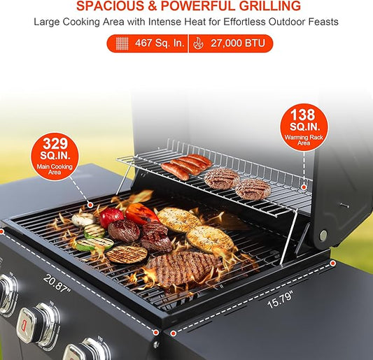 Brand-Man 3-Burner Propane Gas Grill, 27,000 BTU BBQ Grill with Porcelain-Enameled Grates, Built-In Thermometer, Side Shelves, Heavy-Duty Wheels – Outdoor Grill for Patio, Backyard & Garden