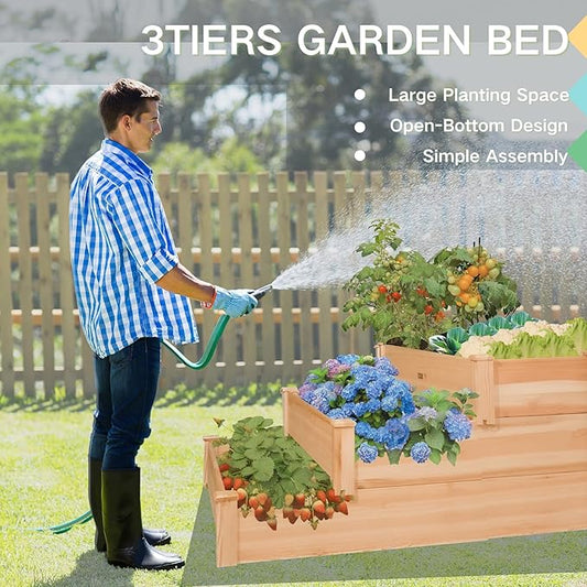 3-Tier Raised Garden Bed with Fabric Liner, Wood Elevated Planter Box with Dovetail Joint Design, 3 Dividable Bed Kit for Vegetables/Herbs/Flowers, Outdoor Gardening for Patio, Lawn, Balcony