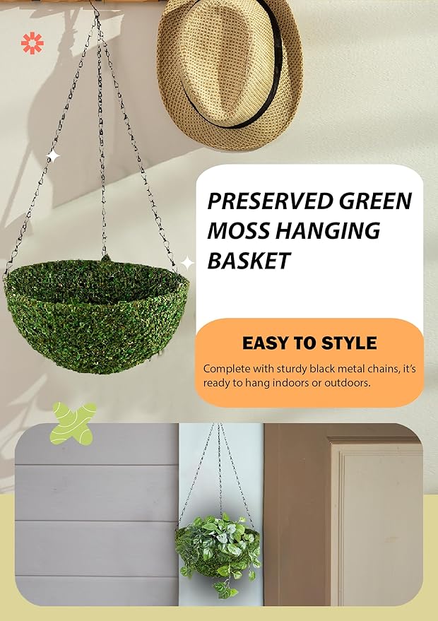 Serene Spaces Living Preserved Green Moss Hanging Basket, Decorative Planter with Metal Chain for Floral Arrangements, Garden Weddings, and Event Décor, 12.5" Diameter & 5" Tall