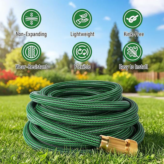 Garden Hose 75 ft NON-EXPANDABLE Water Hose, Flexible & Lightweight Kink Resistant Hybrid Hose, Leak-Proof Heavy Duty, Super Durable Fabric with 3/4" Solid Brass Connectors